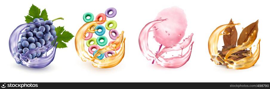 Set of different products flavors in juice splash. Grapes, fruit-flavored cereal, cotton candy, tobacco. Vector icons.