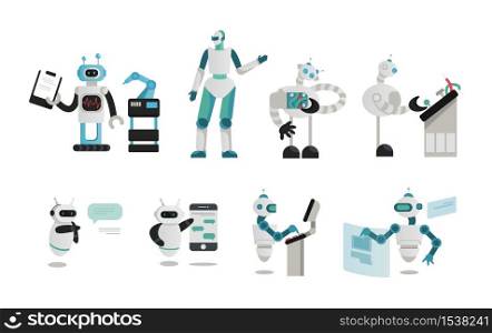 Set of different robots that perform their tasks. Modern robots helpers. Isolated robots and new technologies.. Set of different robots that perform their tasks.