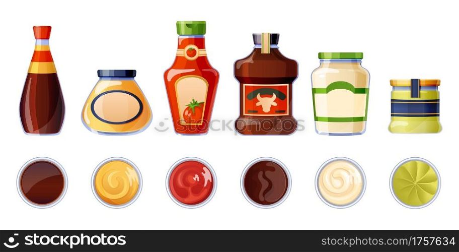 Set of different sauces in bottles and bowls top view. Mayonnaise, ketchup, mustard and soy sauce with guacamole and bbq products in plates and tubes isolated on white background, Cartoon vector icons. Set of different sauces in bottles and bowls.