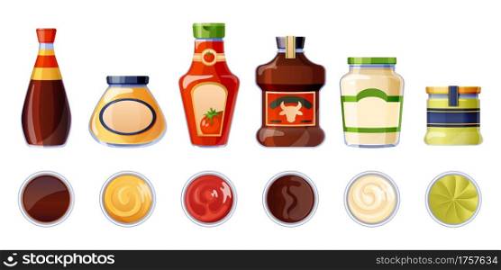 Set of different sauces in bottles and bowls top view. Mayonnaise, ketchup, mustard and soy sauce with guacamole and bbq products in plates and tubes isolated on white background, Cartoon vector icons. Set of different sauces in bottles and bowls.