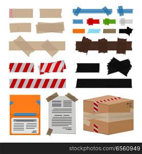 Set of different scotch tape on white background. Vector illustration can be used to stick documents, to protect box in post office, to fence dangerous territory from people, to decorate room.. Set of Different Scotch Tape on White Background