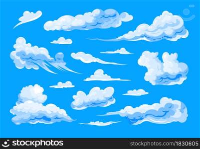 Set of different shapes cirrus and cumulus isolated cartoon clouds on blue background flat vector illustration. Sky Clouds Set On Blue Background