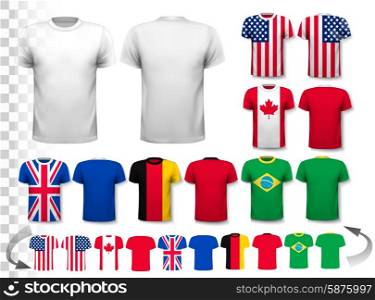 Set of different T-shirts with prints of world flags. Includes a white T-Shirt transparent template for your own design. Vector.