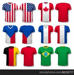 Set of different T-shirts with prints of world flags. Includes a white T-Shirt transparent template for your own design. Vector.