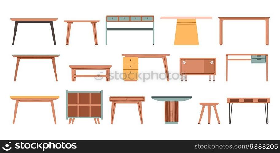 Set of different tables, classic, modern, office. Isolated on a white background. Cartoon vector flat illustration