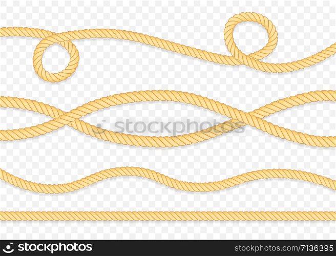 Set of different thickness ropes isolated on white. Vector stock illustration.. Set of different thickness ropes isolated on white. Vector illustration.