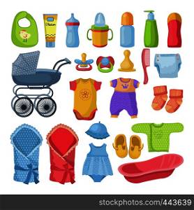 Set of different tools for newborn baby. Vector illustrations in cartoon style. Clothes and accessory for baby. Set of different tools for newborn baby. Vector illustrations in cartoon style