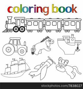 Set of different toys for coloring book with train with wagons, tractor, donkey, boat, sailboat, airplane and cat, cartoon vector illustration