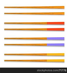 Set of Different Traditional Colored Asian Chopsticks for Food Isolated on White Background. Set of Traditional Colored Asian Chopsticks