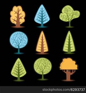 Set of different trees drawings, Christmas trees drawings of different colors.