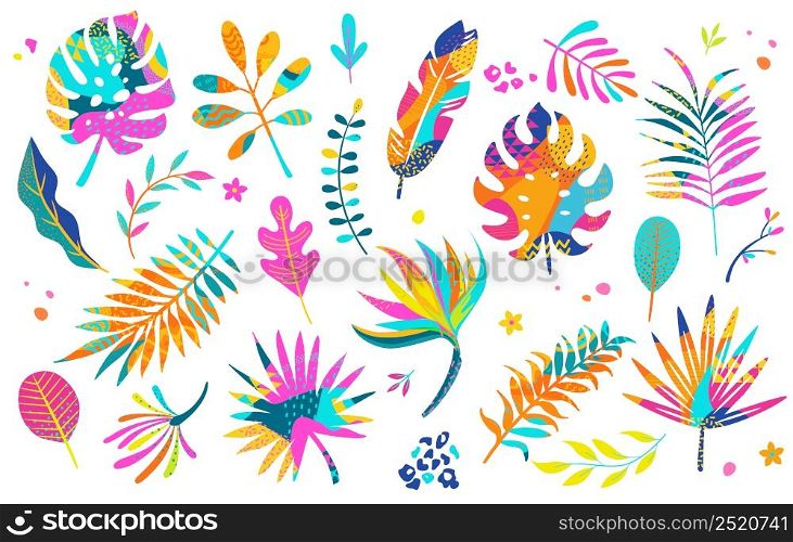 Set of different tropical and other isolated bright leaves with geometric shapes in them. Palm, banana leaf, hibiscus, plumeria, split leaf, philodendron. Jungle collection for your design.Vector. Set of different tropical isolated bright leaves.