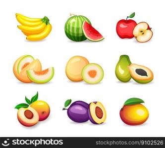 Set of different tropical fruits isolated on white background, vector illustrations in flat style. Healthy nutrition concept. Set of different tropical fruits isolated on white background, vector illustration in flat style