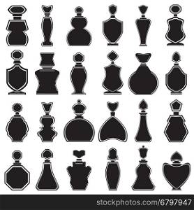 Set of different type of perfume bottles. Black and white vector icons.
