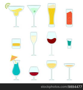 Set of different types of alcoholic drinks like cocktails, wine, beer and more in vector