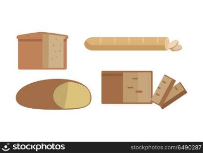 Set of different types of bread vector in flat design. Cake or bun with sliced part for baking concepts, bakery logotypes, food and healthy nutrition illustrating. Isolated on white background. . Set of Different Types of Bread Illustration. . Set of Different Types of Bread Illustration.