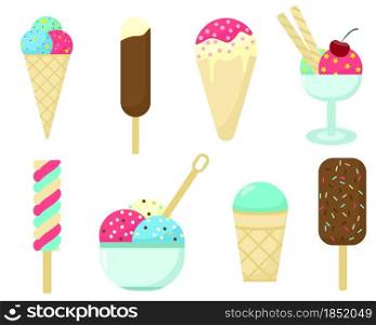 Set of different types of ice cream vector illustration. Collection of dairy food popsicle, in a waffle cup, on a stick and in a bowl. Summer refreshing dessert, treat.. Set of different types of ice cream vector illustration.