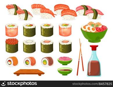 Set of different types of sushi and rolls cartoon illustration. Nigiri, soy sauce, chopsticks, sashimi, uramaki, gunkan sushi with eel, ikura, noodle soup vector picture. Japanese food concept.