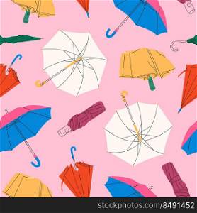 Set of different Umbrellas in various positions. Rainy collection. Open and folded  cartoon style umbrellas. Hand drawn colored flat Vector illustration. Design templates. Square seamless Pattern.
