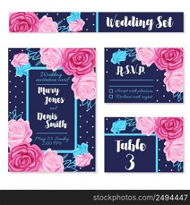 Set of different variants of wedding invitation template cards decorated with bouquets of roses flat vector illustration. Save Wedding Date Invitations Cards