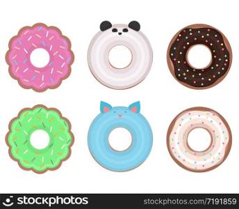 Set of different vector donuts. Flat illustration. Flower donuts, donuts with animals, classic donuts. Set of different vector donuts. Flat illustration. Flower donuts