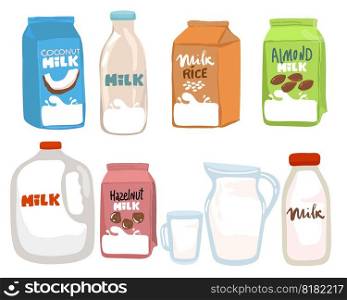 Set of different vegetable milk - almond, rice, coconut, soybeans. Vegan, vegetarian product for cooking food and drink.. Set of different vegetable milk - almond, rice, coconut, soybeans. Vegan, vegetarian product for cooking food and drink..