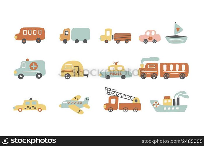 Set of different vehicles: fire truck, taxi, ambulance, boat, steamer, plane, truck, car, bus. Vector illustration.