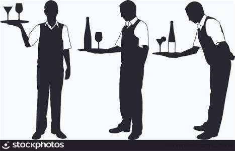 Set of different waiters with trays isolated on white