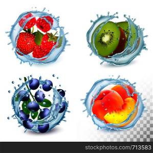 Set of different water splashes with fruit and berries. Strawberry, raspberry, peach, kiwiw, blueberry. Vector
