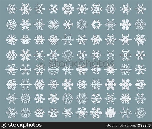Set of different white snowflakes on a gray background
