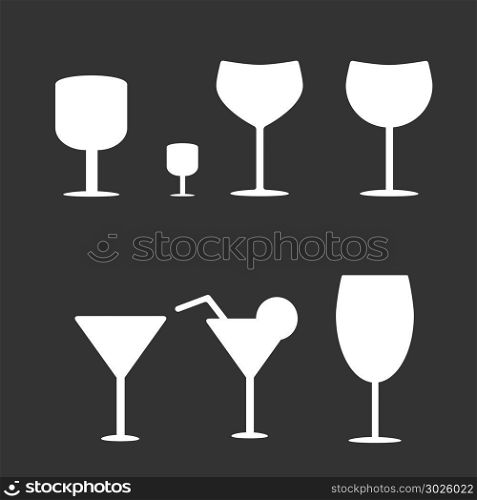 Set of different wine-glass silhouettes of goblets isolated on dark background.. Set of different wine-glass silhouettes of goblets isolated on background.