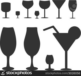 Set of different wine-glass silhouettes of goblets isolated on white background.. Set of different wine-glass silhouettes of goblets isolated on background.