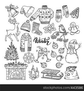 Set of different winters elements. Vector illustrations of holiday objects. Christmas and new year hand drawn object concept. Set of different winters elements. Vector illustrations of holiday objects