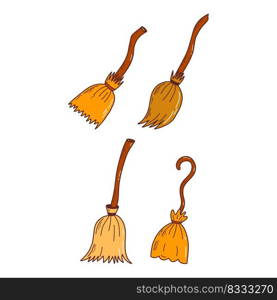 Set of different witch brooms. Halloween elements. Trick or treat concept. Vector illustration in hand drawn style.. Set of different witch brooms. Halloween elements. Trick or treat concept. Vector illustration in hand drawn style