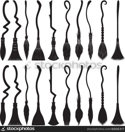 Set of different witch brooms isolated on white