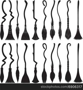Set of different witch brooms isolated on white