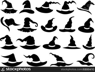 Set of different witch hats isolated on white