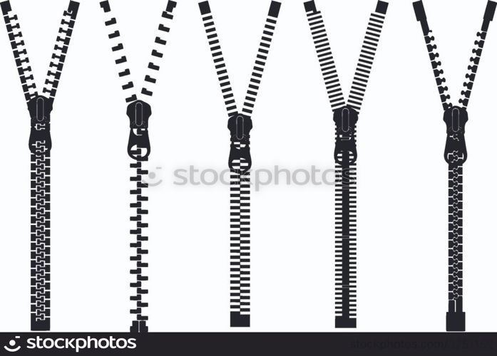 Set of different zippers isolated on white