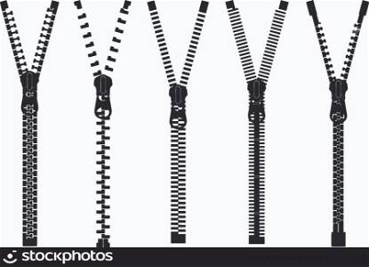 Set of different zippers isolated on white