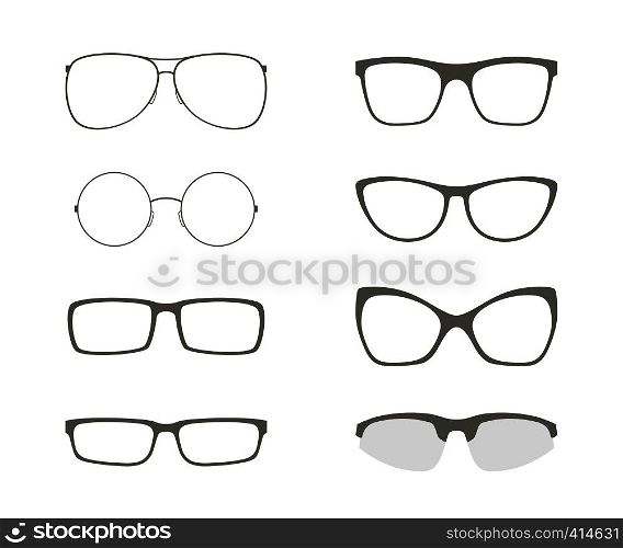 Set of differents glasses, isolated on white background. Black silhouettes of modern glasses. Glasses isolated set