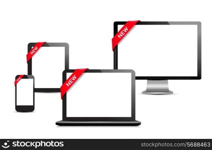 Set of digital devices with sale ribbons. Vector