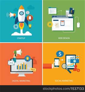 set of digital marketing,startup, web design and social marketing