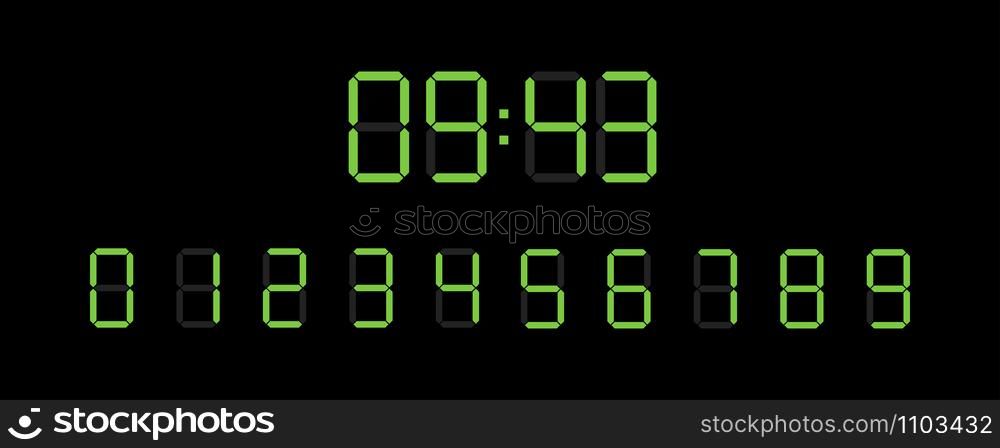 set of digital watch numbers on black background in flat. set of digital watch numbers on black background, flat
