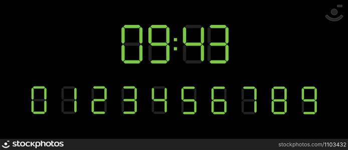 set of digital watch numbers on black background in flat. set of digital watch numbers on black background, flat