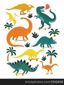 Set of dinosaurs including T-rex, Brontosaurus, Triceratops, Velociraptor, Pteranodon, Allosaurus, etc. Isolated on white.