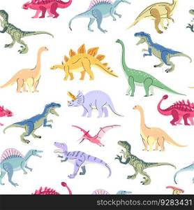 Set of dinosaurs including T-rex, Brontosaurus, Triceratops, Velociraptor, Pteranodon, Allosaurus, etc Isolated on white. Seamless pattern with bright dinosaurs including T-rex, Brontosaurus, Triceratops, Velociraptor, Pteranodon, Allosaurus, etc. Isolated on white Trend illustration for kid
