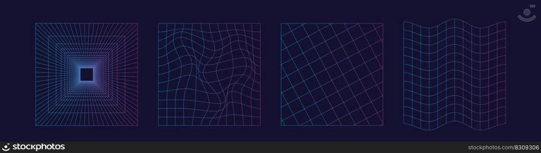 Set of distorted wireframe grid  in neon color. Retrowave, synthwave, rave. Trendy retro 1980s, 90s style. Print, poster, banner.vaporwave. Vector illustration