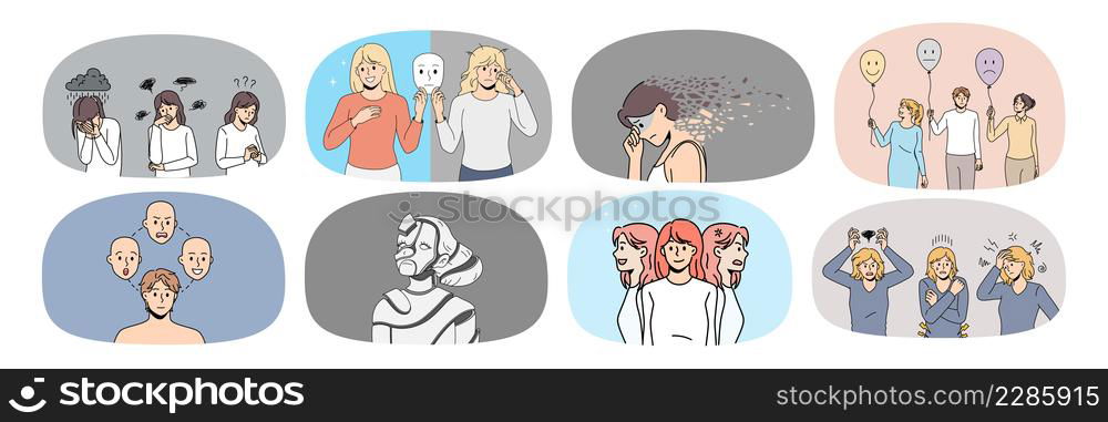 Set of distressed people struggle with mood swing or bipolar disorder need psychological help. Collection of unhealthy stressed humans have mental problems. Schizophrenia. Vector illustration. . Collection of stressed people suffer from mental problems