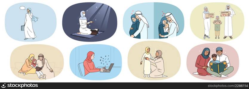 Set of diverse Arabic people in traditional clothes show everyday life of east culture. Collection of Arabian men and women in family follow Muslim cultural traditions. Vector illustration. . Set of Arabic people in traditional national clothes