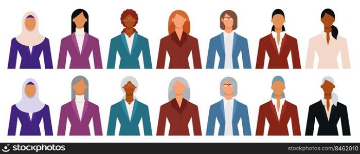 Set of diverse business woman wearing formal suit icon isolated on white. Flat design vector illustration.. Set of diverse business woman wearing formal suit icon isolated on white.