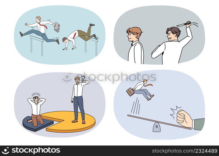 Set of diverse businessman compete for job with rival. Collection of men employees or workers engaged in competition for workplace. Rivalry and opposition. Flat vector illustration.. Set of diverse businessmen compete for workplace